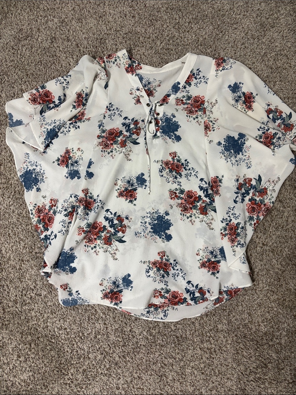 Kohl's Ivory Floral Lace-Up V-Neck Blouse with Red and Blue Roses